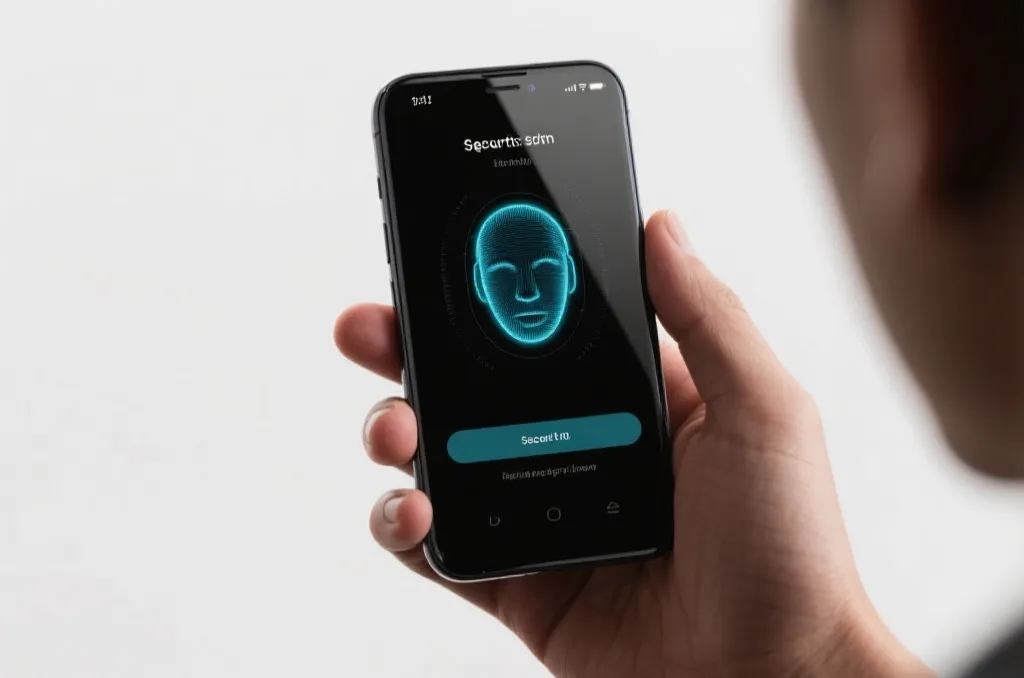 A hand holding a premium smartphone featuring biometric facial recognition and secure login interface