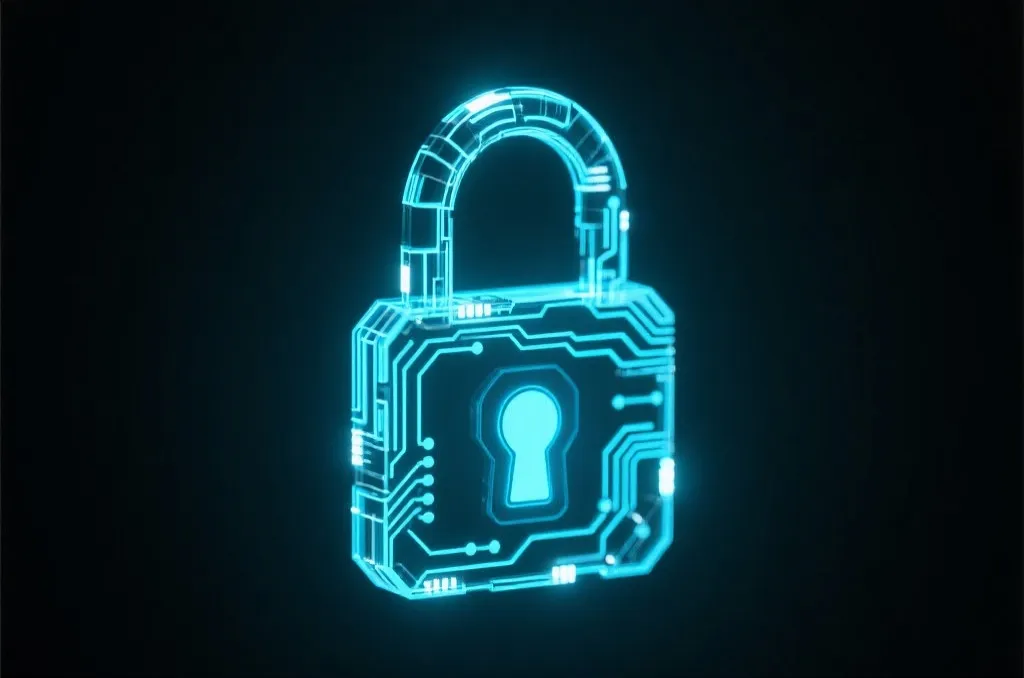 Abstract digital padlock made of glowing circuit board lines on a dark background representing advanced web security and WAF
